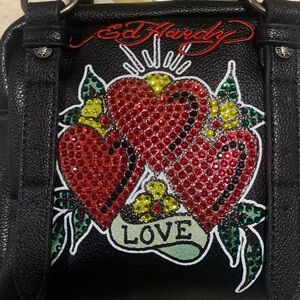 Ed Hardy Black Mini Bag with Heart Embroidery